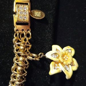 Nolan Miller Gold Plated 4 Flower Charm Woven Bracelet Crystals Enamel